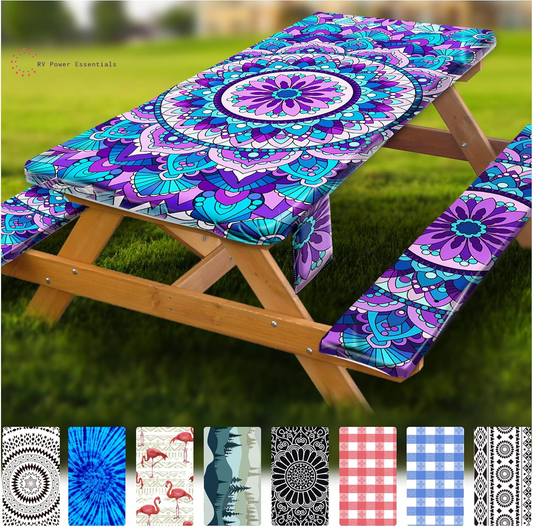 Fitted Waterproof Vinyl Picnic Table & Bench Cover Set – Elastic Edge, Spill-Proof, Easy-Clean Design | Perfect for RV Trips, Camping, Tailgates & Outdoor Adventures