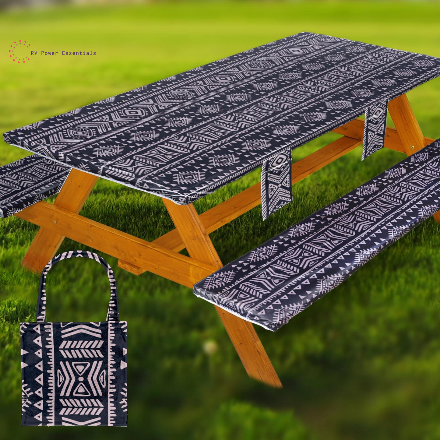 Fitted Waterproof Vinyl Picnic Table & Bench Cover Set – Elastic Edge, Spill-Proof, Easy-Clean Design | Perfect for RV Trips, Camping, Tailgates & Outdoor Adventures